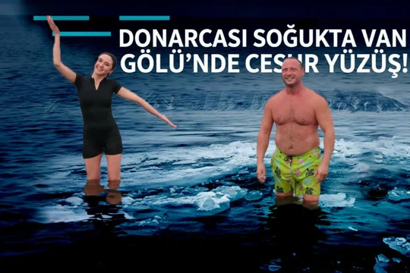 Dondurucu soğukta Van Gölü’nde yüzdüler