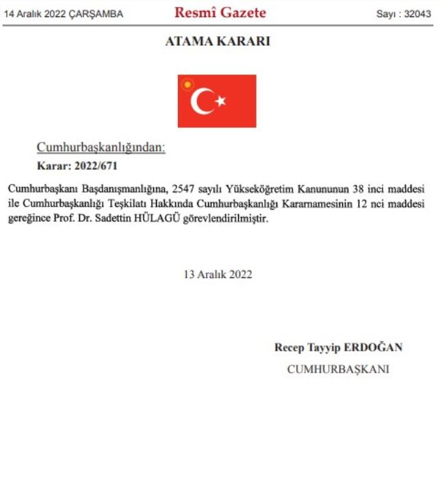 Sadettin Hülagü, Cumhurbaşkanı Erdoğan'ın yeni başdanışmanı oldu