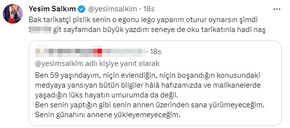 Yeşim Salkım, şehitlerimizle ilgili yaptığı paylaşımı eleştiren takipçisine küfretti