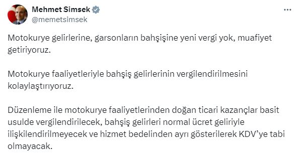 Bakan Şimşek: Motokurye ve garsonların bahşişine vergi muafiyeti getiriyoruz