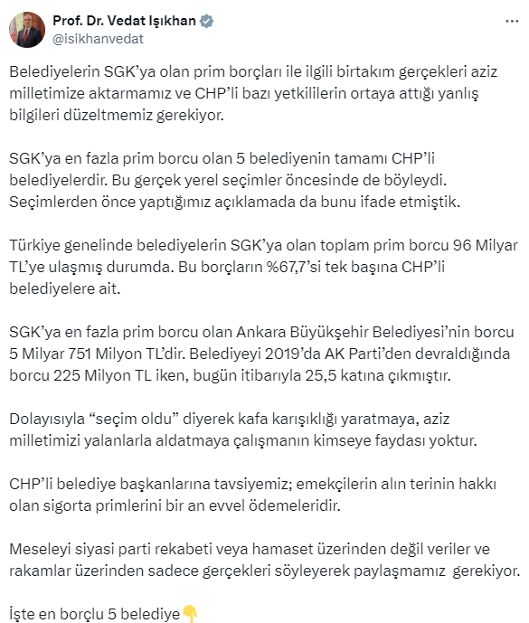 Erdoğan'ın talimatıyla gündeme geldi! Bakan Işıkhan en borçlu 5 belediyeyi açıkladı