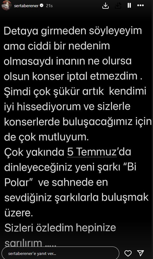 Haziran ayındaki konserlerini bir bir iptal eden Sertab Erener: Bir aydır sağlık sorunlarıyla boğuşuyordum